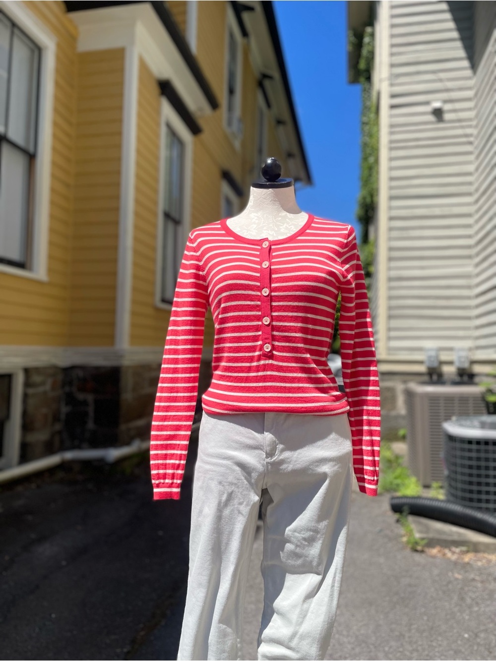 Boden Red and White Striped Button-Front Top 100% Wool